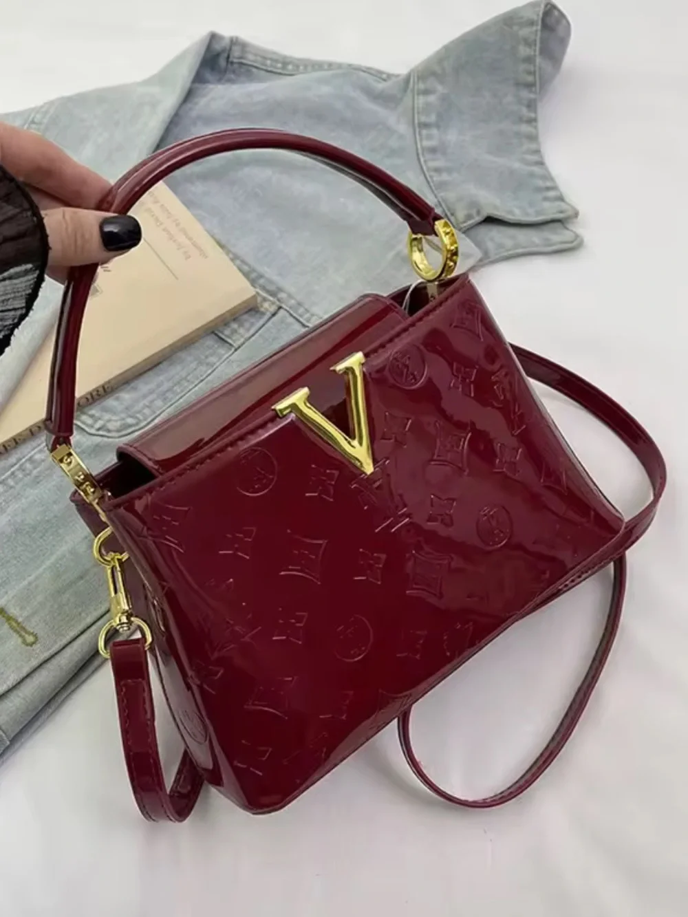 New Lux Patent V-Accent Red Top-Handle Bag